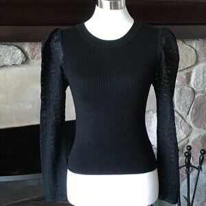 'Lucy Paris' Black Knit Top with Lace Long Sleeves - Size Small